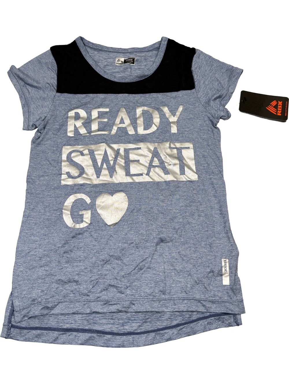 NWT RBX Girls' Active Top Ready Sweat Go, Sz Small 7/8 Blue Haze w/ Silver Print